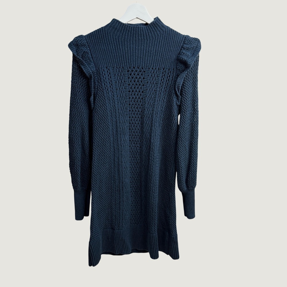 Happy X Nature Blue Ruffle Shoulder Knit Sweater Dress Cottagecore Cozy Boho M